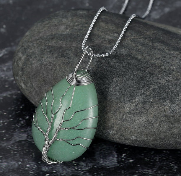 Celtic Tree Of Life Pendant & Chain On Teardrop Semi-Precious Stone